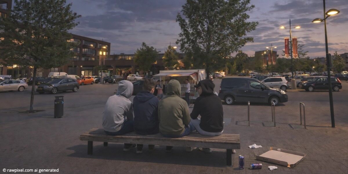Jongeren op bankje bij winkelcentrum Stein (met AI gemaakt)