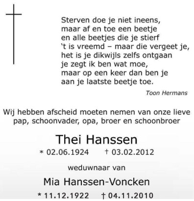 Thei Hanssen overlijden 2012